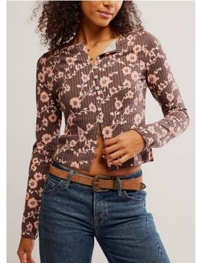 Free People Tilly Floral Ribbed Button-Front Top/Cardi